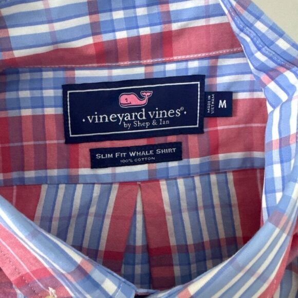 Vineyard Vines Slim Fit Whale Shirt M Red/Blue Plaid 100% Cotton - Picture 3 of 5